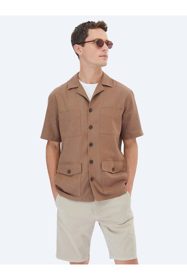 Kip-Hazelnut Plain Regular Fit Woven Overshirt 1