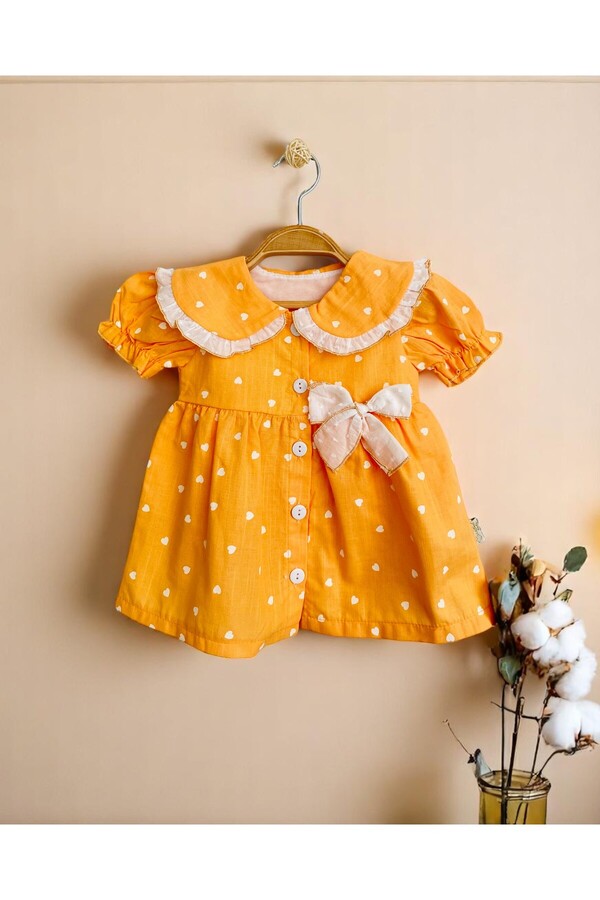 çilek bebe Kız Bebek %100 Pamuklu Keten Kalp Desenli Elbise