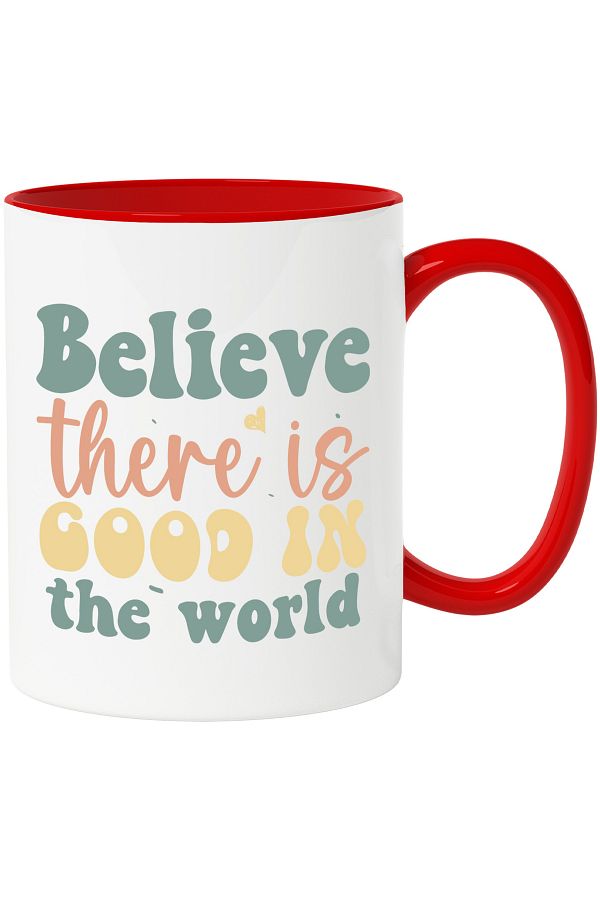 StoryGift Romania-Mug with heart and the message "Do you believe there is good in the world" with Red Handle, With R,STG Handle. 1