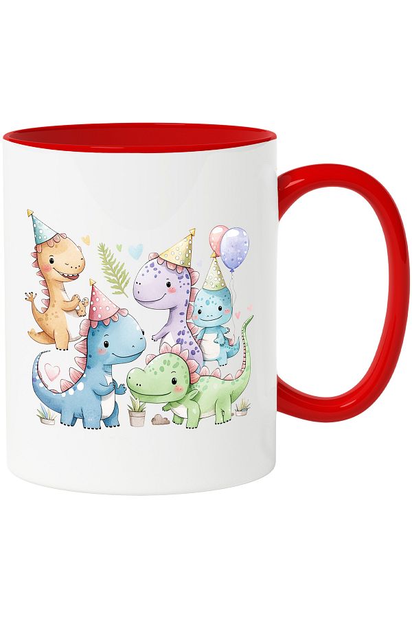 StoryGift Romania-Mug with dinosaurs partying, fairy tale, illustration, balloons, plants, hearts, vase, With,STG. 1