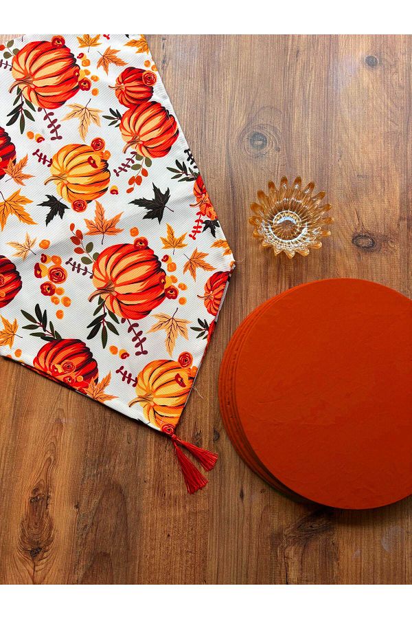 HALFART-Set de 6 supla cu runner de dovleac și portocale |   Runner impermeabil Duck Linen |   Set de masă elegant 1