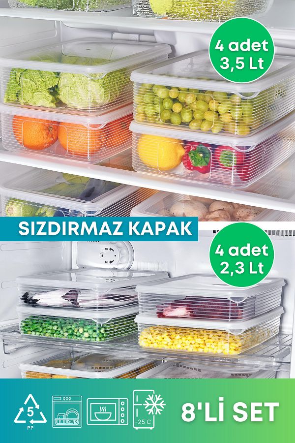 GRİMOR Life-Set of 8 2.3 Lt and 3.5 Lt Leakproof Deep Freezer Freezer Storage Container Set Transparent 1