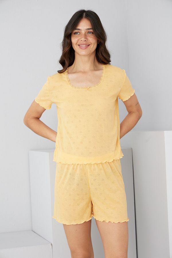 Siyah İnci-Yellow Pointel Openwork/Hole Knitted Shorts Set7892 1