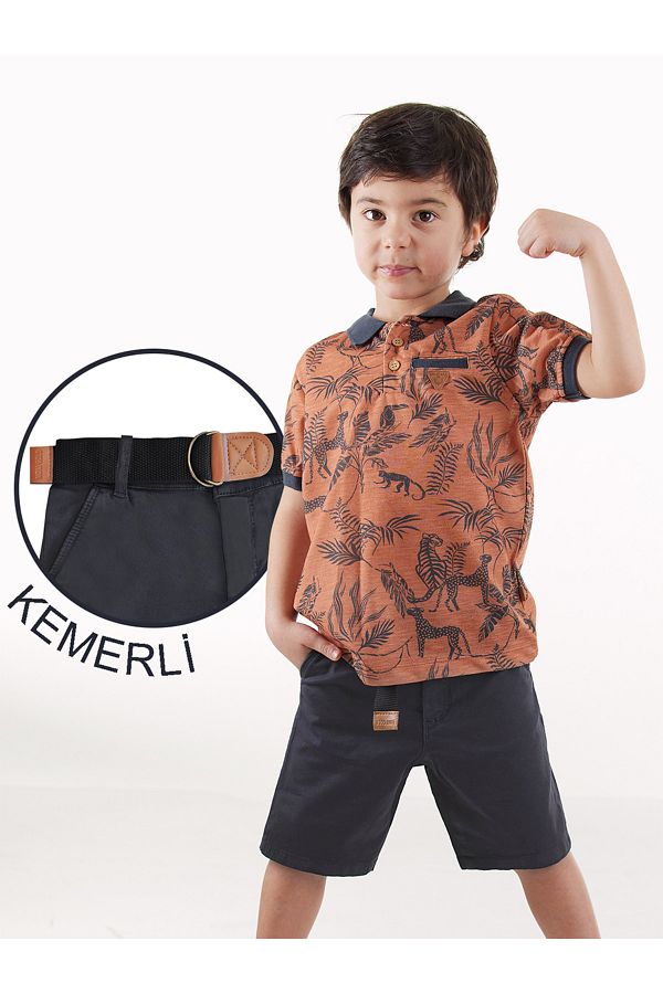 Midimod-3-teiliges Set für Jungen, Polokragen, T-Shirt, Shorts, Gürtel 1