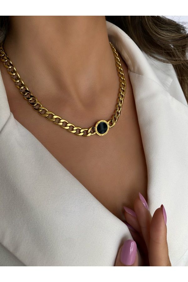 bymissnora Women s Chain Steel Necklace with Black Stone in the Middle Trendyol