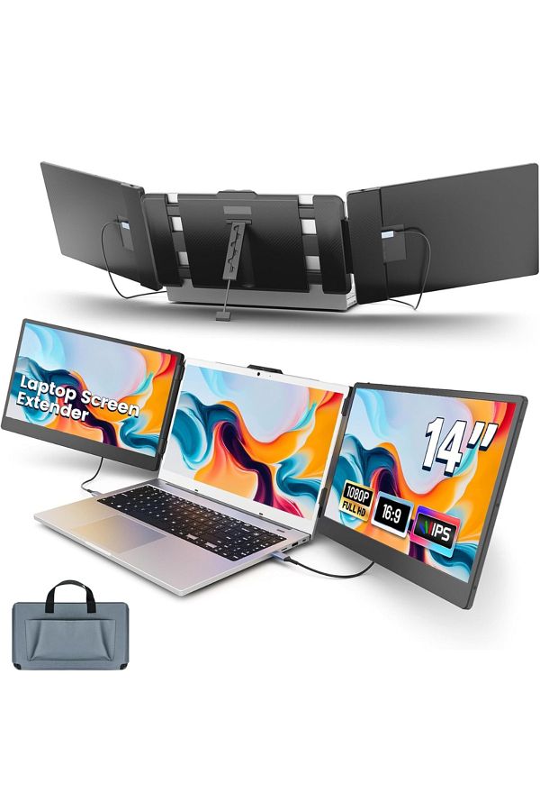 Velixo-Monitor triplu pentru laptop IPS FHD de 14”, 13”-17”, 60Hz, USB-C, Windows/Mac/Linux, portabil, geantă inclusă 1