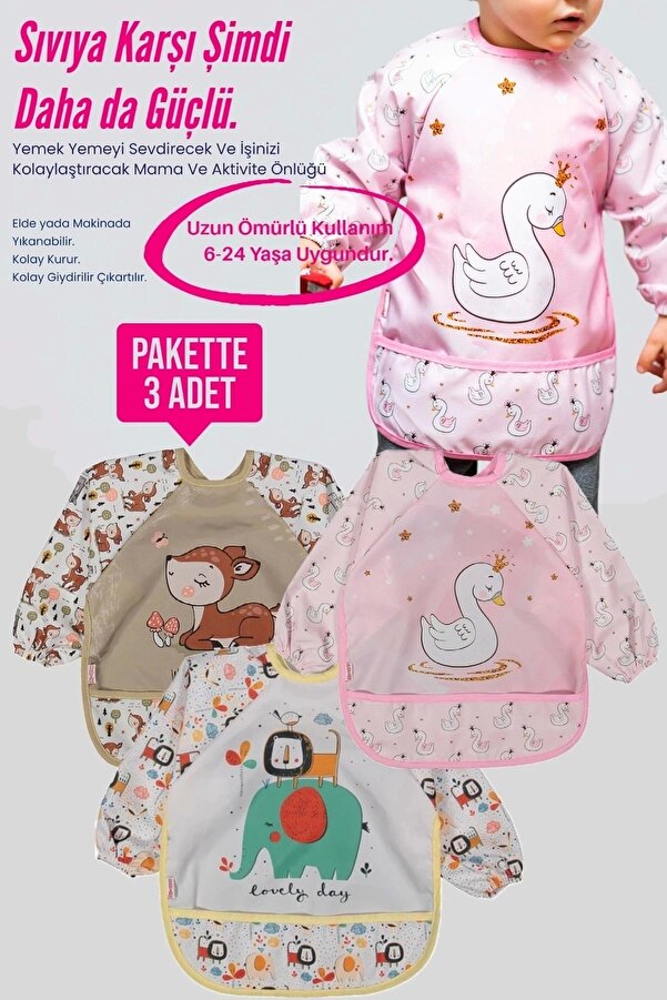 Babydonat Hayvan Figürlü Sıvı Geçirmez 3'lü Paket Uzun Kollu Mama Önlüğü