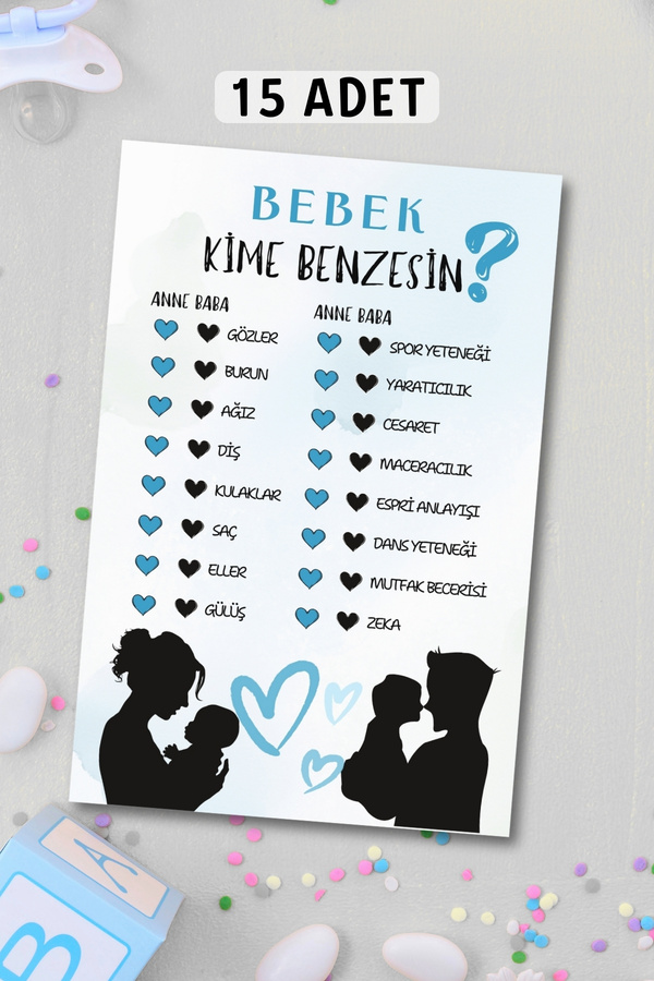 Metranya Cinsiyet Belirleme Partisi Bebek Kime Benzesin? 15 Adet Baby Shower Hediye Süs Anı Hatıra Oyun Kartı