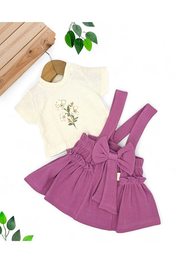 Ege Bebek KIZ BEBEK FİTİLLİ YAZLIK FİYONK DETAYLI SALOPET ELBİSE VE İÇ T-SHIRT SETİ 9-24 AY