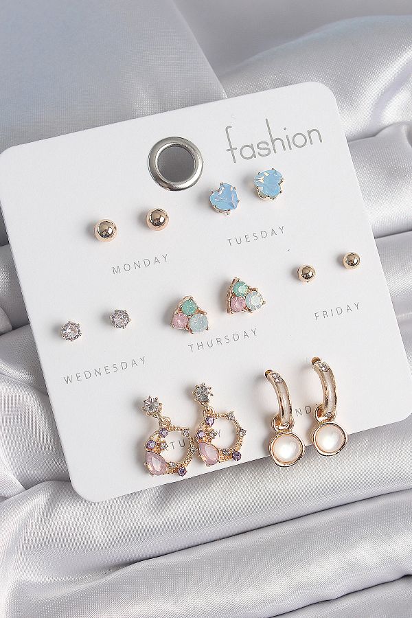 SeyCey.co-Brass Gold Color Zircon Stone Dangle Ring Figure Heart Detail 7 Pairs Women's Earrings 1