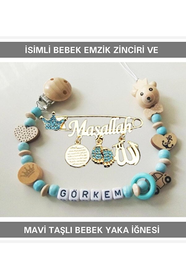 Sahi Aksesuar Isimli Bebek Emzik Zinciri Ve Mavi Taşlı Bebek Yaka Iğnesi