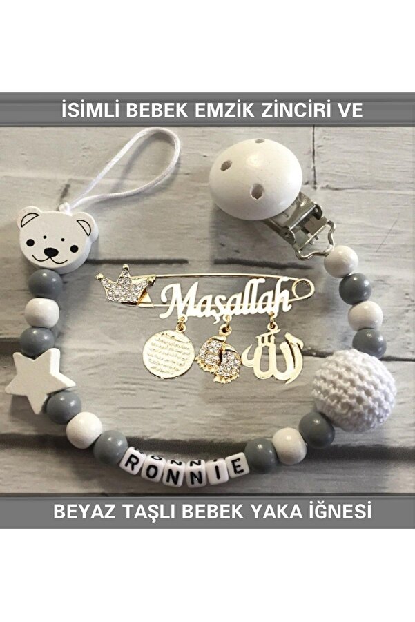 Sahi Aksesuar Isimli Bebek Emzik Zinciri Ve Beyaz Taşlı Bebek Yaka Iğnesi Tybezyı087