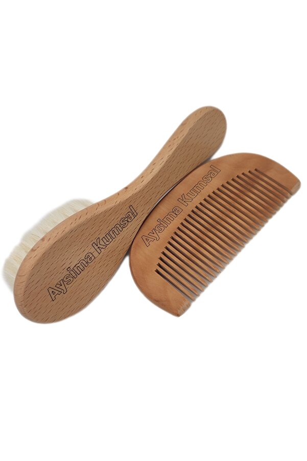 Sahi Aksesuar İsimli Bebeğinize Özel Doğal Ve Yumuşak Keçi Kılı Organik Bebek Banyo Tarak Seti - 1608