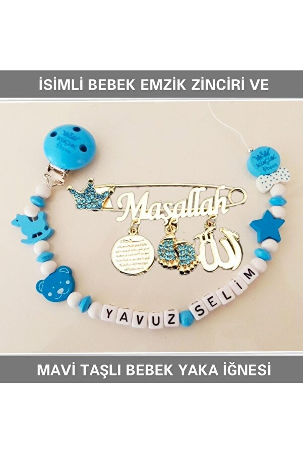Sahi Aksesuar Sahi Aksesuar Isimli Bebek Emzik Zinciri Ve Mavi Taşlı Bebek Yaka Iğnesi