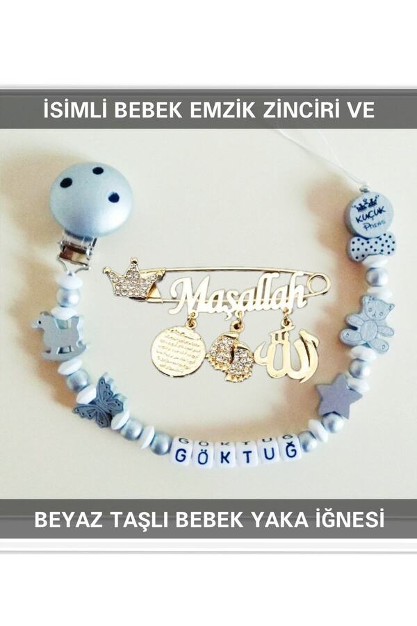 Sahi Aksesuar Sahi Aksesuar Isimli Bebek Emzik Zinciri Ve Beyaz Taşlı Bebek Yaka Iğnesi Bezyı013