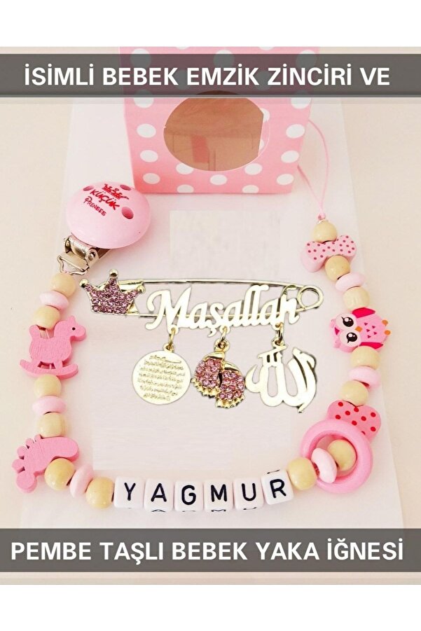 Sahi Aksesuar Isimli Bebek Emzik Zinciri Ve Pembe Taşlı Bebek Yaka Iğnesi