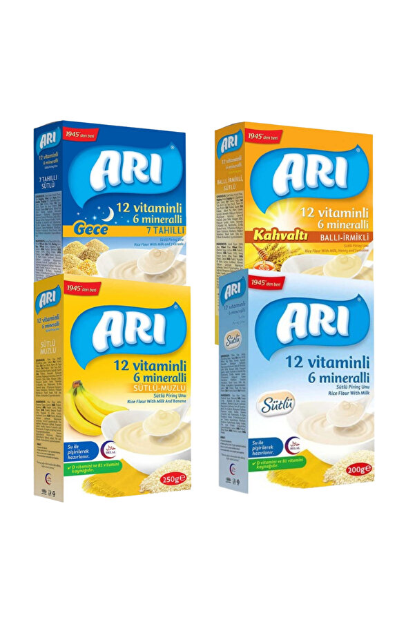 Arı Mama 7 Tahıllı Gece-Sütlü-Ballı İrmikli Kahvaltı- Sütlü Muzlu Pirinç Unu Kaşık Mama 4 x 250 g
