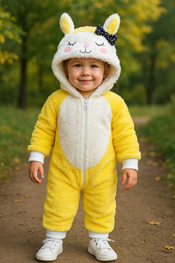 MiniStand Kız Bebek Kedili Fiyonklu Sarı Yumuşacık Peluş Tulum