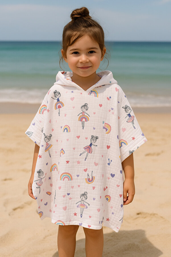 minial Organik Pamuk Müslin Kapşonlu Panço Plaj Deniz Banyo Çocuk Bebek Panço