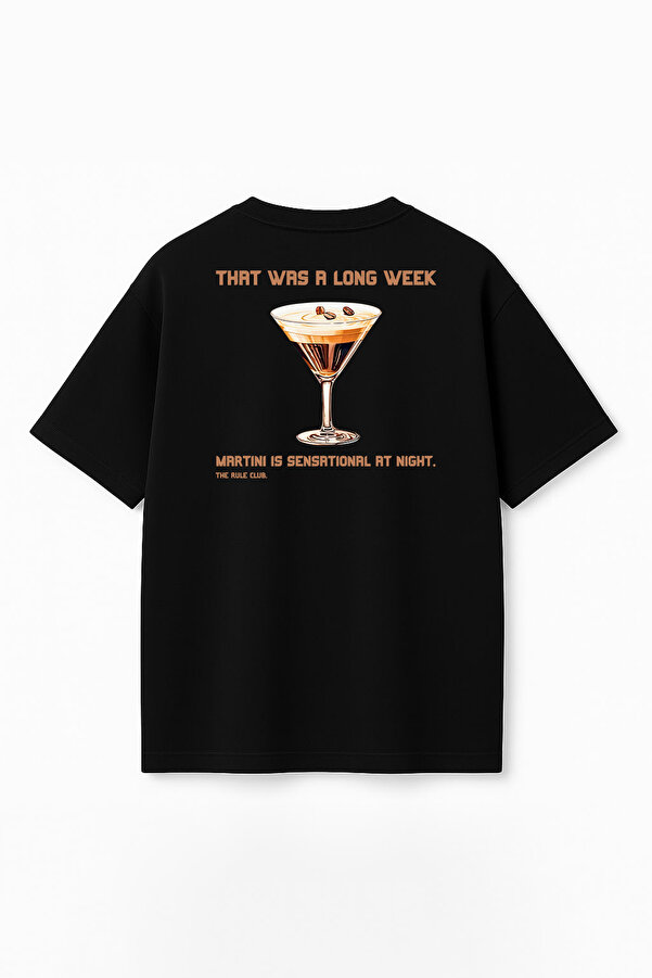 Unisex Cocktail Baskılı Oversize %100 Pamuk Geniş Kesim Dokulu Bisiklet Yaka Siyah T-Shirt RF0513