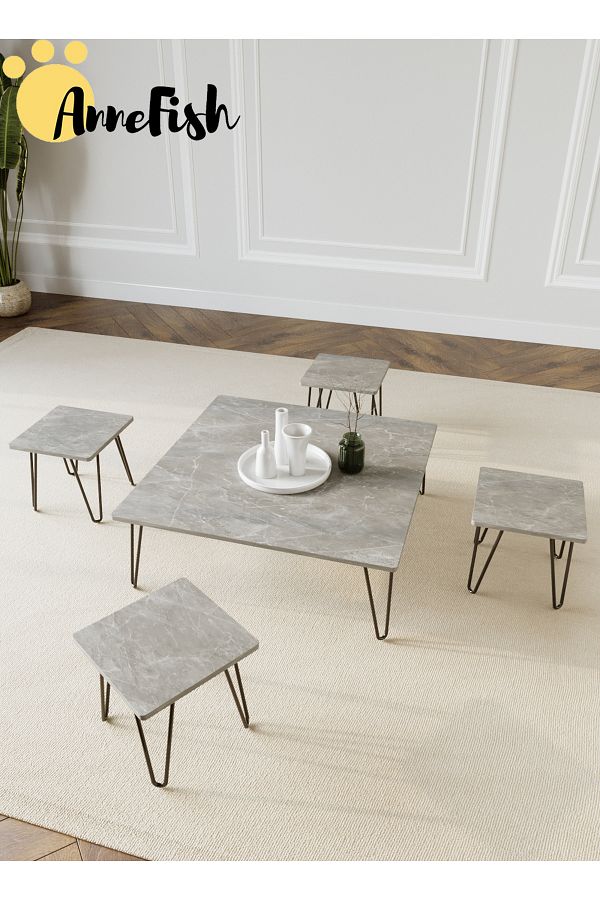 AnneFish-5pcs Floor Coffee Table Set Low Square Home Nesting Friends Gathering Table Set Of 5 Side Table 1