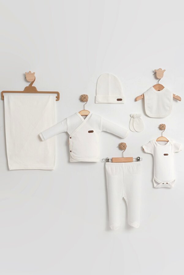LOGO AKSESUAR Kız Erkek Bebek Pamuk Yenidoğan Natural 7 Parça Hastane Çıkışı Zıbın Seti