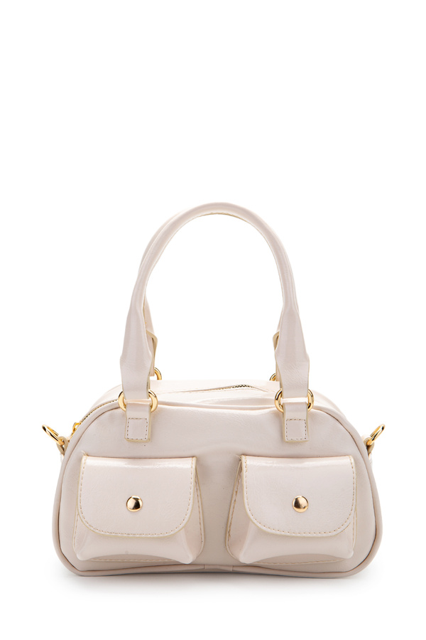 minebag-Double Pocket Detailed Faux Leather Women's Crossbody Bag Vera Cream 1