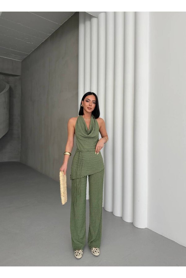 aytenli Flounce Collar Triangle Cut Back Open Lace up Top Elastic Waist Fitted Palazzo Pants Suit with Pockets
