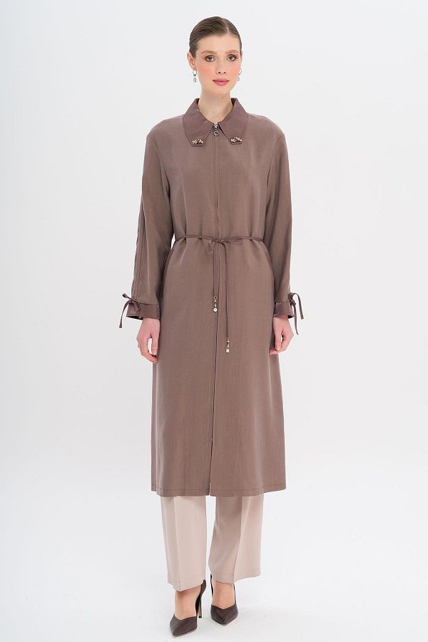 Olcay-Unlined Modal Cap with Beaded Collar and Drawstring Detail Brown 6751 1