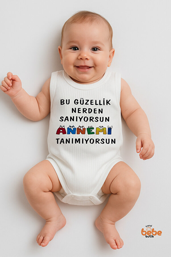 Trend Bebe Butik “Bu Güzellik Nerden Sanıyorsun, Annemi Tanımıyorsun” Yazılı Bebek Yazlık Atlet Çıtçıtlı Zıbın Body