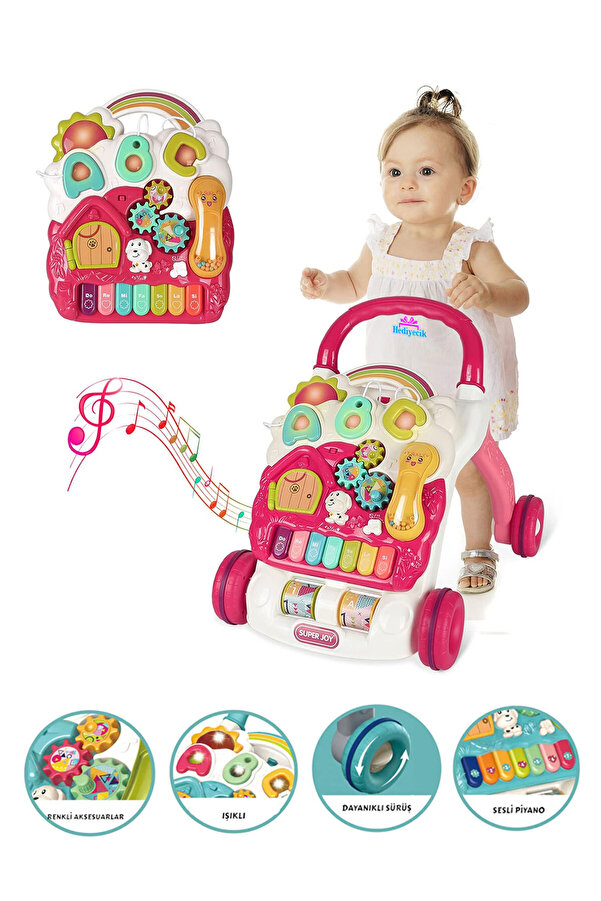 hediyecik 4'ü 1 Arada Bebek İlk Adım Arabası Fonksiyonlu Yürüteç,Aktivite Merkezi ,Yürüme Arkadaşı Pembe 43 Cm