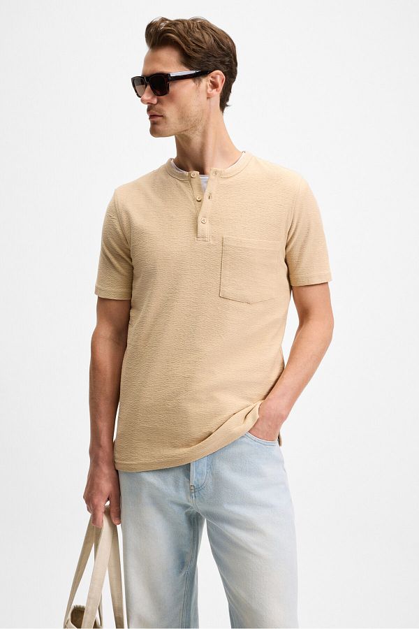 GRIMELANGE-Ermac Men's Judge Collar Buttoned Short Sleeve Beige T-Shirt 1