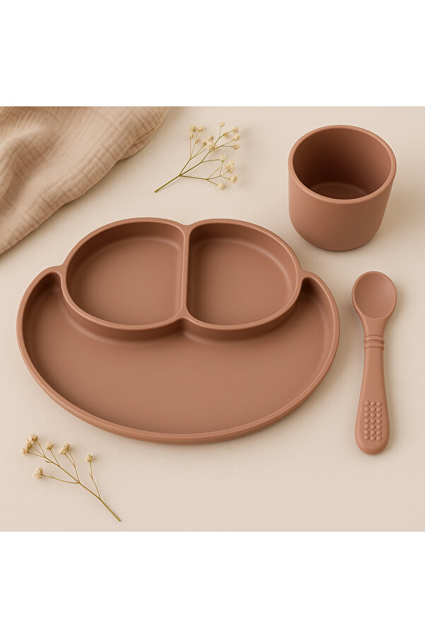 ermaslicon Silikon bebek mama seti- 3 bölmeli mama tabağı bardak kaşık seti