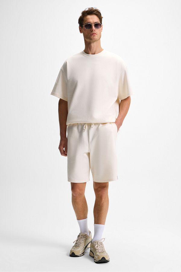 GRIMELANGE-Bailey Men's Relaxed Fit Ecru Shorts with Elastic Waist and Back Single Pocket Cord 1