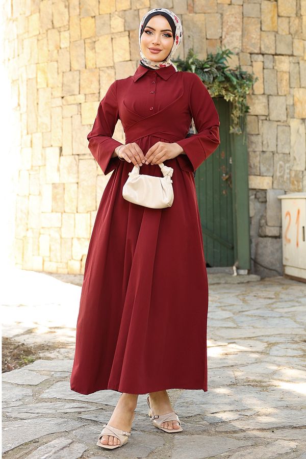 InStyle-Belt Detailed Shirt Collar Claret Red Dress 1