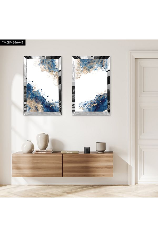 Zevahir Mobilya Dekorasyon-Silver Mirrored Plexi Frame with White Background Abstract Modern Blue Shapes Double Mdf Table Set 1