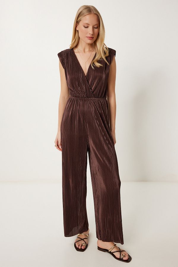 Happiness İstanbul-Brauner, wattierter, plissierter Strickoverall für Damen AN00235 1