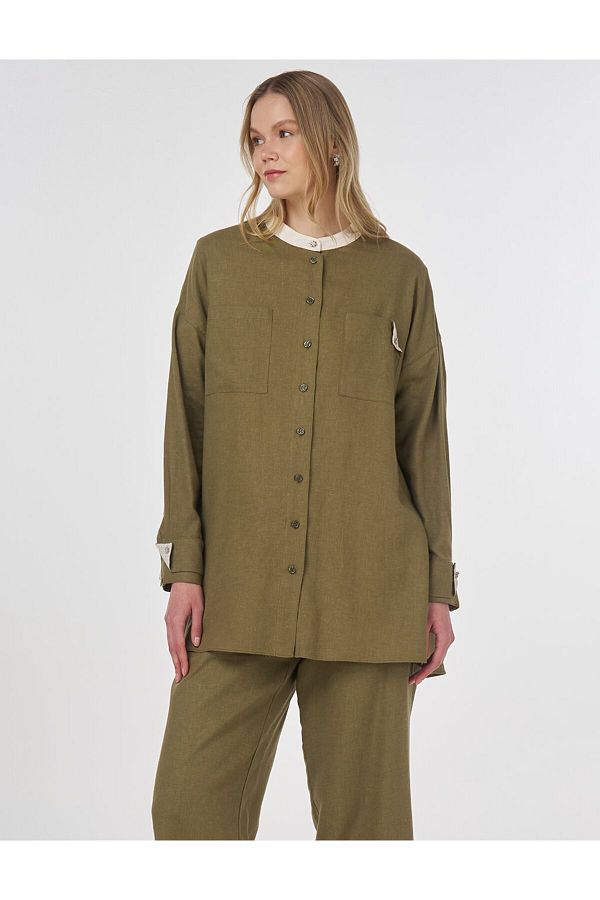 Kayra-Linen Blended Judge Collar Tunic Khaki 1
