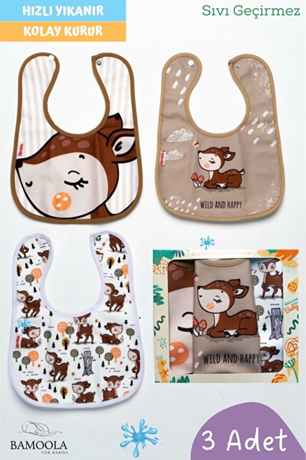 Bamoola 3 Adet Karaca Desenli Bebek Mama Ve Salya Önlüğü - (SIVI GEÇİRMEZ - MİCROFİBER - ÇITÇITLI)