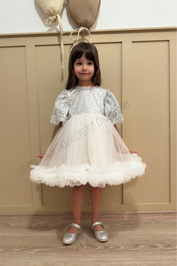 penu baby kids Gümüş Payet Detaylı Etek Ucu Fırfırlı Kız Çocuk Kız Bebek Abiye Elbise