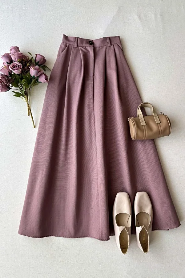 Ceylan Otantik-Soft Lilac Linen Single Button Skirt 1