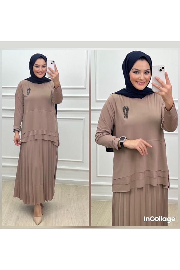 AKŞEN GİYİM-Plus Size Suitable for Tester Sandy Fabric Skirt Tip Patterned Brooch Bottom Top Set 1