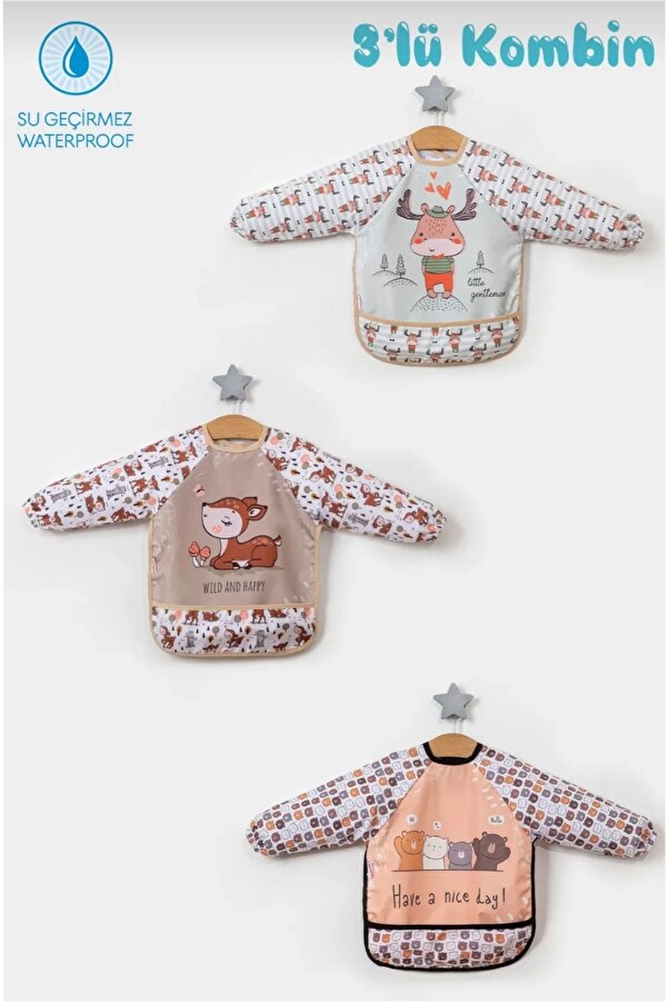 Kuzumix 3'lü Kombin Uzun Kollu Giyilebilir Sıvı Geçirmez Mama Önlüğü