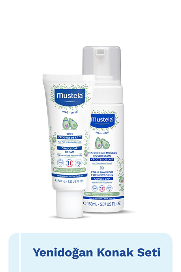 Mustela Yenidoğan Konak Seti- Konak Önleyici Yenidoğan Köpük Şampuanı 150 ml Saç Pullanma Karşıtı Krem 40 ml
