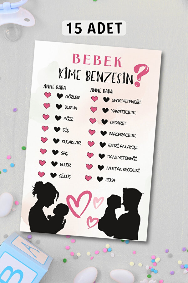 Metranya Cinsiyet Belirleme Partisi Bebek Kime Benzesin? 15 Adet Baby Shower Hediye Süs Anı Hatıra Oyun Kartı