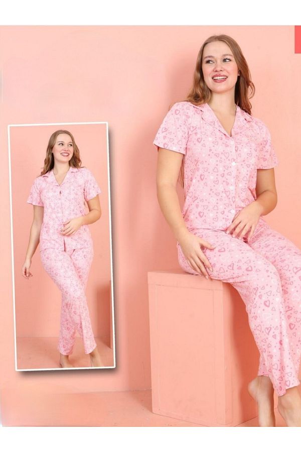 Modamorfo-Heart Patterned Buttoned Milan Fabric Short Sleeve Pajama Set -Pink 1
