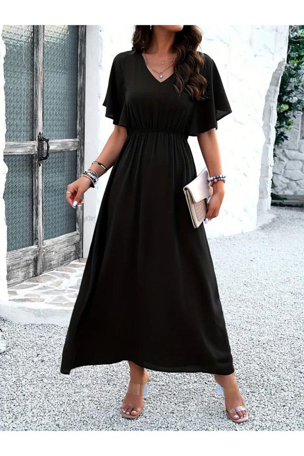 modaserdem-Women's Short Sleeve V-Neck Long Viscose Dress with Elastic Waist 1