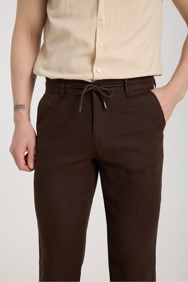 muzzo jeans-Dark Brown 100% Linen Trousers with Elastic Waist 1