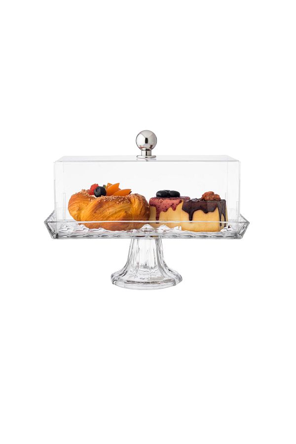 ABAREEK-Glass serving platter with base for sweets, fruits and nuts, multi-purpose, clear rectangular shape with acrylic cover 1
