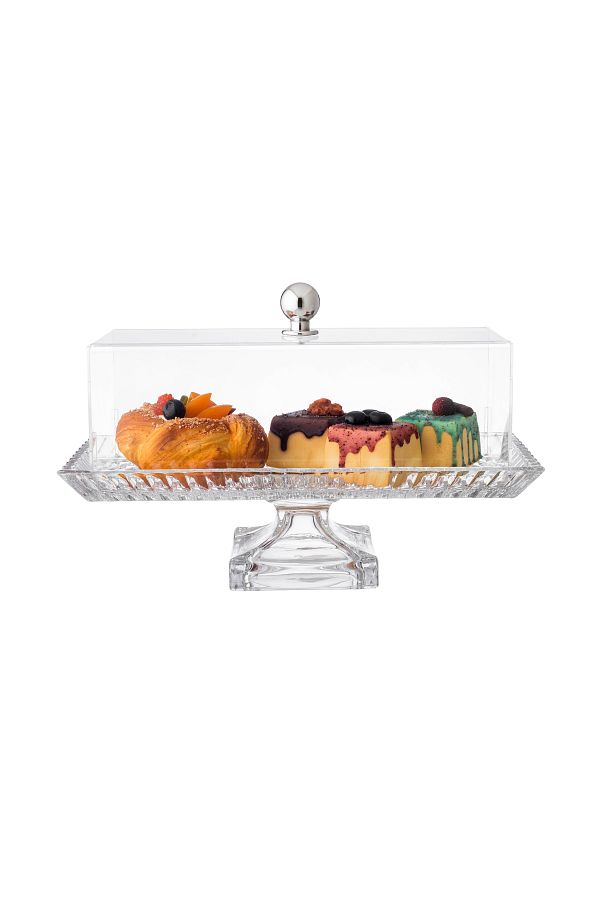 ABAREEK-Glass serving platter with base for sweets, fruits and nuts, multi-purpose, clear rectangular shape with acrylic cover 1
